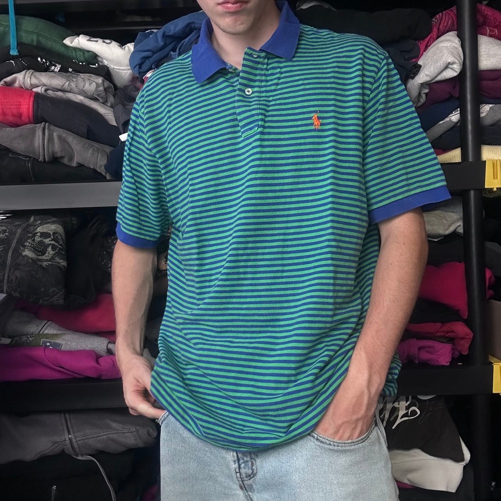 Vintage Polo Ralph Lauren Striped Polo Shirt Green Blue XXL Y2K Skater Boxy Fit